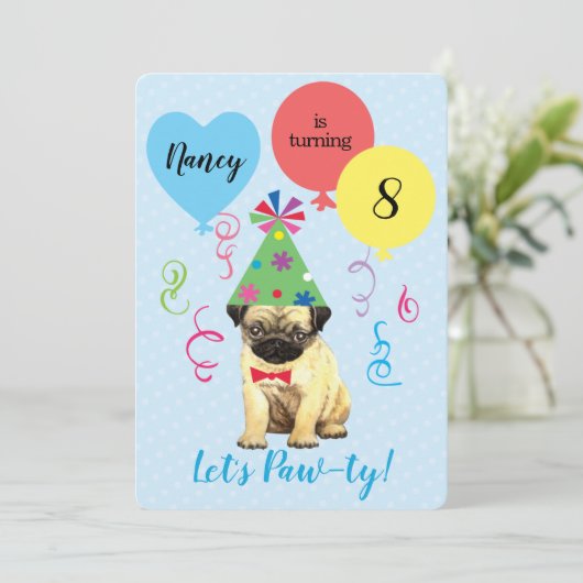 Geburtstagsparty Ballons Mops Einladung (Stehend Vorderseite)