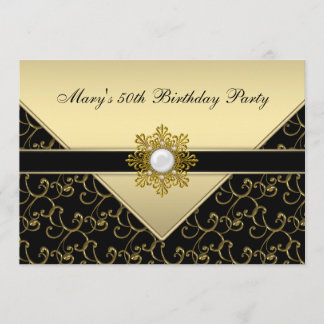 Geburtstagsparty Black and Gold Swirl Einladung