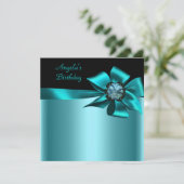 Geburtstagsparty Black Aquamarin Blue Bow Einladung (Stehend Vorderseite)