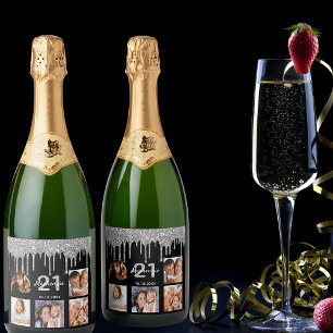 Geburtstagsparty Black Silber Glitzer Tropfen Foto Schaumweinetikett