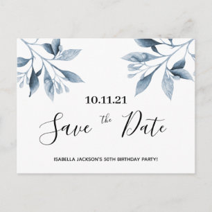 Geburtstagsparty, blau, botanisch Save the Date Postkarte
