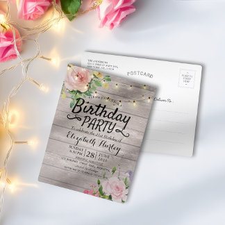 Geburtstagsparty-Blume Rustikale Holz-String-Licht Einladungspostkarte
