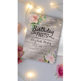 Geburtstagsparty-Blume Rustikale Holz-String-Licht Einladungspostkarte