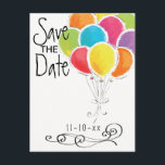 Geburtstagsparty Bunte Ballons Save the Date Ankündigungspostkarte<br><div class="desc">Lass deinen Gästen,  die besondere Geburtstagsparty mit dieser Save the Date Postkarte mit einem farbenfrohen Ballon in einem farbenprächtigen Regenbogen kennen zu lernen. Personalisieren Sie die Informationen auf der Vorder- und Rückseite der Postkarte,  um Details über Ihr eigenes Party zu erhalten.</div>