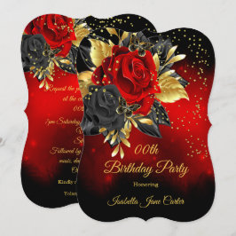 Geburtstagsparty Butterfly Rote Rose Floral Gold 2 Einladung