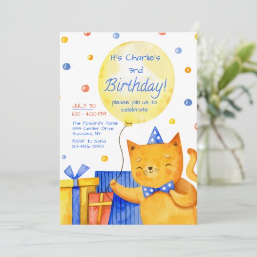 Geburtstagsparty der Katze Einladung (Stehend Vorderseite)