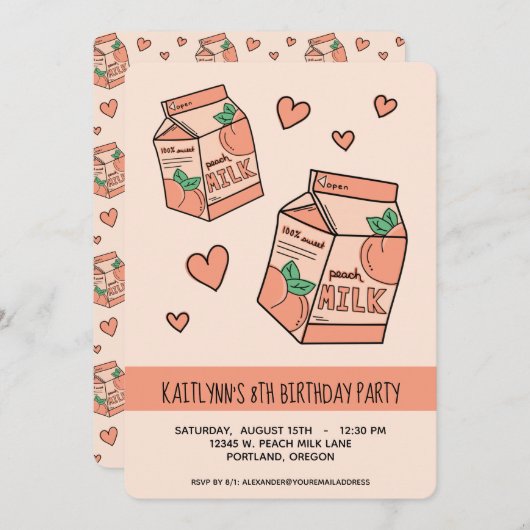 Geburtstagsparty der niedlichen Pfirsichmilch Einladung (Vorne/Hinten)