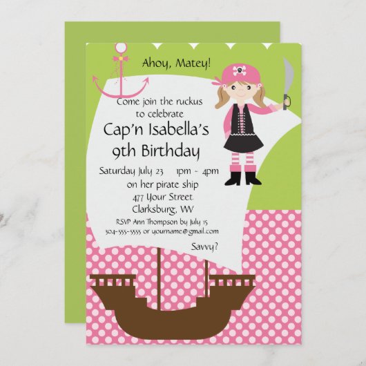 Geburtstagsparty des MädchenPiratenschiffs Einladung (Vorne/Hinten)