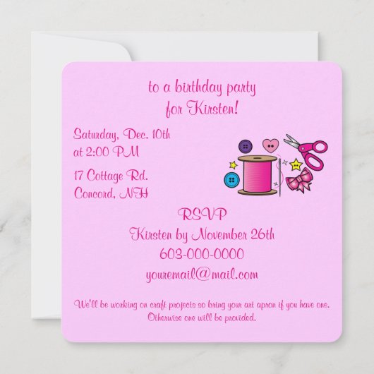 Geburtstagsparty des Nähhandwerks Einladung (Rückseite)