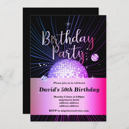 Geburtstagsparty, Disco-Party Einladung (Vorne/Hinten)