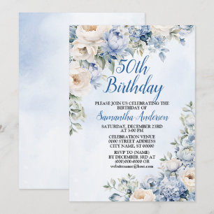 Geburtstagsparty Dusty Blue Watercolor Elfenbeinfa Einladung