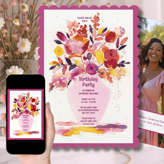 Geburtstagsparty Einladung Aquarell Blume Vase