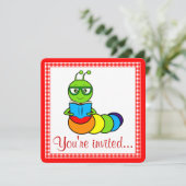 Geburtstagsparty Einladung mit Cartoon Bookworm (Stehend Vorderseite)