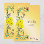 Geburtstagsparty Einladung mit gelber Blume (Vorne/Hinten)