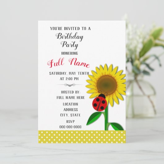 Geburtstagsparty Einladung mit Sonnenblumendesign (Stehend Vorderseite)