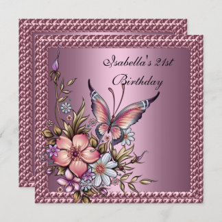 Geburtstagsparty Elegante Blumenschmetterling Pink Einladung