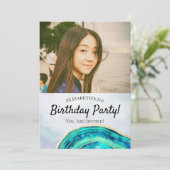 Geburtstagsparty Elegantes Aquamarines Gold Agate  Einladung (Stehend Vorderseite)