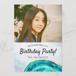 Geburtstagsparty Elegantes Aquamarines Gold Agate  Einladung