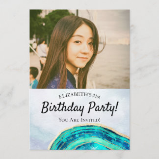 Geburtstagsparty Elegantes Aquamarines Gold Agate  Einladung