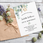 Geburtstagsparty Eukalyptus Weißgoldgrün elegant Postkarte<br><div class="desc">Eine elegante Einladung für eine 50. Geburtstagsfeier (oder jedes Alter). Ein schick weißer Hintergrund. Dekoriert mit grünen Eukalyptus-Blätter, Gewürzen, Grünpflanzen und einem Imitat Goldgeflecht. Personalisieren und Name und Party Details. Schwarze Buchstaben. Zurück: Postkartendesign. Tipp: Wenn Sie es nicht so gewollt haben, dass es wie eine Postkarte aussieht, klicken Sie auf...</div>