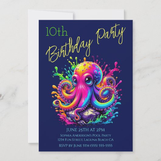 Geburtstagsparty - farbenfroher Oktopus-Schlag Einladung (Vorderseite)
