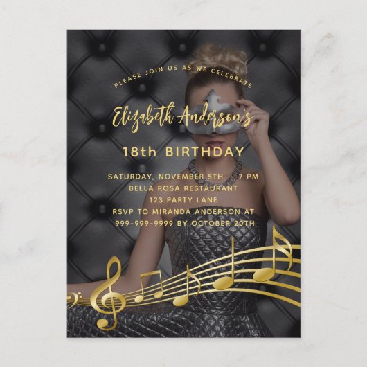 Geburtstagsparty Foto Gold Musiknoten Einladung Postkarte (Vorderseite)