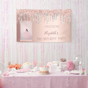 Geburtstagsparty Foto Rose Gold Rosa Silber Tropfe Banner