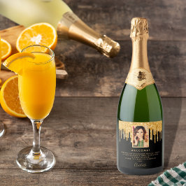 Geburtstagsparty Foto Schwarzer Glitzer Gold Empfa Schaumweinetikett