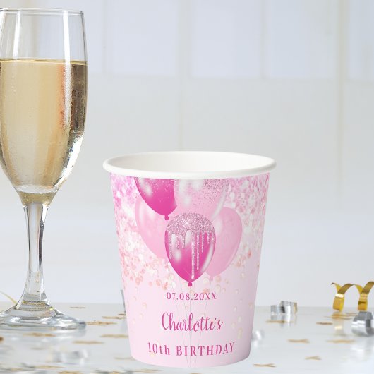 Geburtstagsparty Girl Rosa Glitzer Ballons Pappbecher