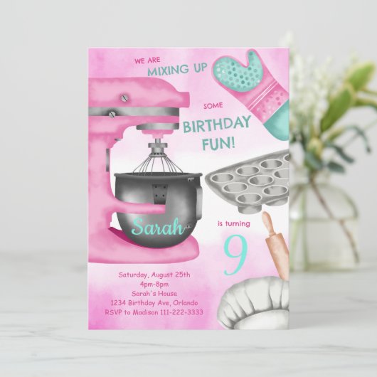 Geburtstagsparty Girly Kochen Einladung (Stehend Vorderseite)