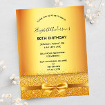 Geburtstagsparty Gold elegante Bugeinladung Postkarte<br><div class="desc">Eine moderne, stilvolle und glamouröse Einladung für die 50. Geburtstagsfeier einer Frau. Ein Imitat mit goldmetallischem Hintergrund mit einem eleganten Imitat goldenen Bogen, Band und Funkeln. Der Name ist mit einem modernen, schwarzen Handschrift geschriebenen Stil geschrieben. Vorlagen für einen Namen, Alter und Ihre Party-Details. Tipp: Wenn Sie es nicht so...</div>