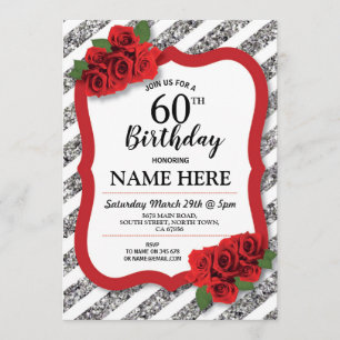 Geburtstagsparty Gray Rote Rosen Silver Glitzer 60 Einladung