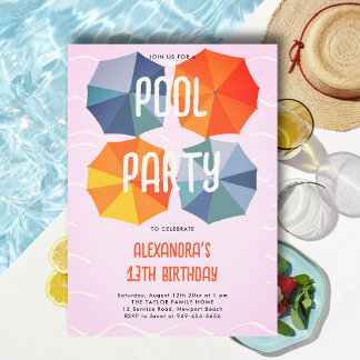 Geburtstagsparty im Pool Umbrellas Cooler rosa Tee Einladung