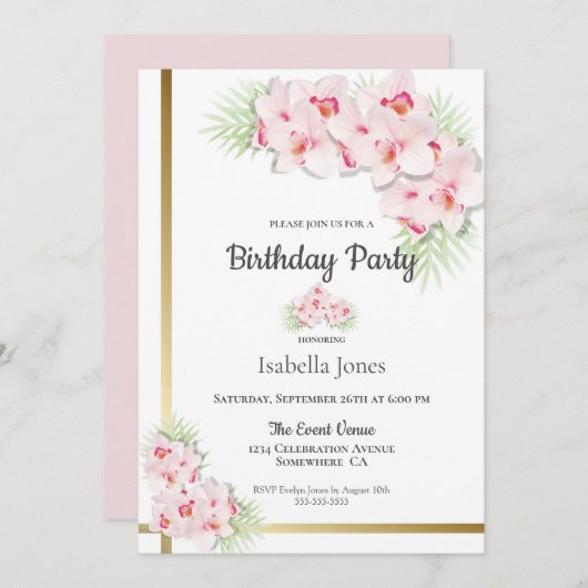 Geburtstagsparty in Rosa und Gold Einladung (Vorne/Hinten)