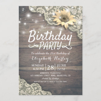 Geburtstagsparty Lace Sonnenblumen Holz & String L Einladung
