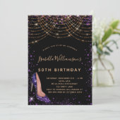 Geburtstagsparty lila Gold Glitzer Staub Einladung (Stehend Vorderseite)