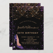 Geburtstagsparty lila Gold Glitzer Staub Einladung (Vorne/Hinten)