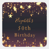 Geburtstagsparty lila Goldstars Quadratischer Aufkleber (Vorderseite)