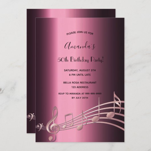 Geburtstagsparty lila Rose Gold Musiknote Einladung (Vorne/Hinten)