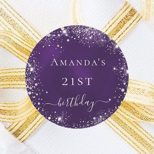 Geburtstagsparty lila Silbername Glitzer Runder Aufkleber