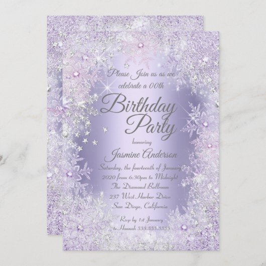 Geburtstagsparty Lila Silver Winter Wonderland Einladung (Vorne/Hinten)