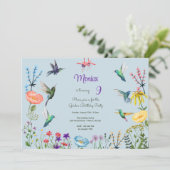 Geburtstagsparty mit Hummingvögeln und Blumengarte Einladung (Stehend Vorderseite)