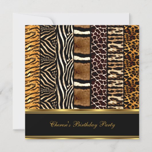 Geburtstagsparty Mixed Animal Prints Gold Black 2 Einladung (Vorderseite)