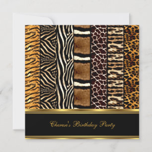 Geburtstagsparty Mixed Animal Prints Gold Black 2 Einladung