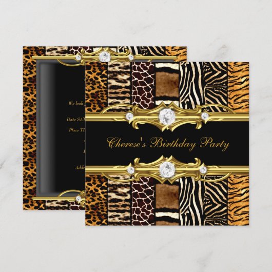 Geburtstagsparty Mixed Animal Prints Gold Black Einladung (Vorne/Hinten)