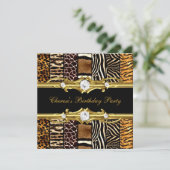Geburtstagsparty Mixed Animal Prints Gold Black Einladung (Stehend Vorderseite)