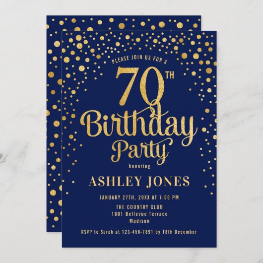 Geburtstagsparty - Navy & Gold Einladung (Vorne/Hinten)