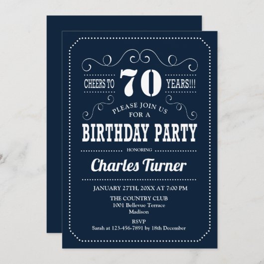 Geburtstagsparty - Navy White Einladung (Vorne/Hinten)