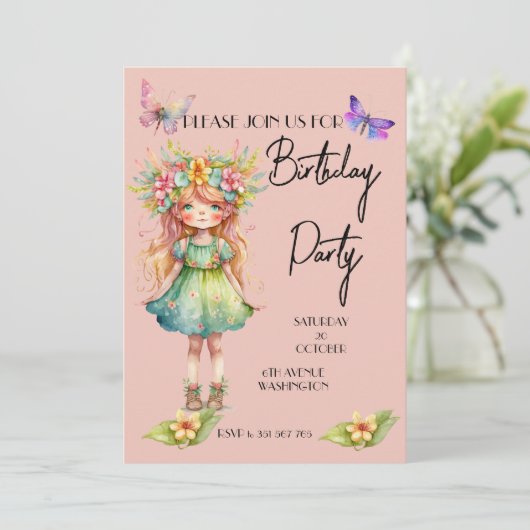 Geburtstagsparty niedliche Feeneinladung Einladung (Stehend Vorderseite)