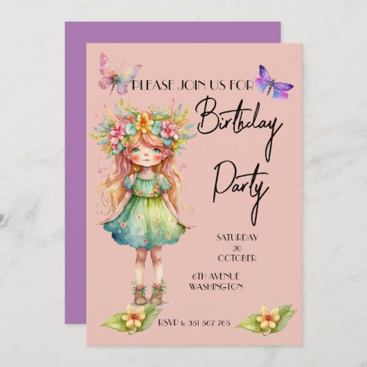 Geburtstagsparty niedliche Feeneinladung Einladung (Vorne/Hinten)